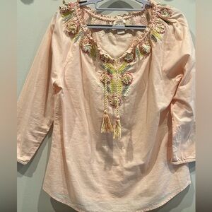 SUNDANCE Peach Cotton Blouse with 3 Dimensional Embroidery